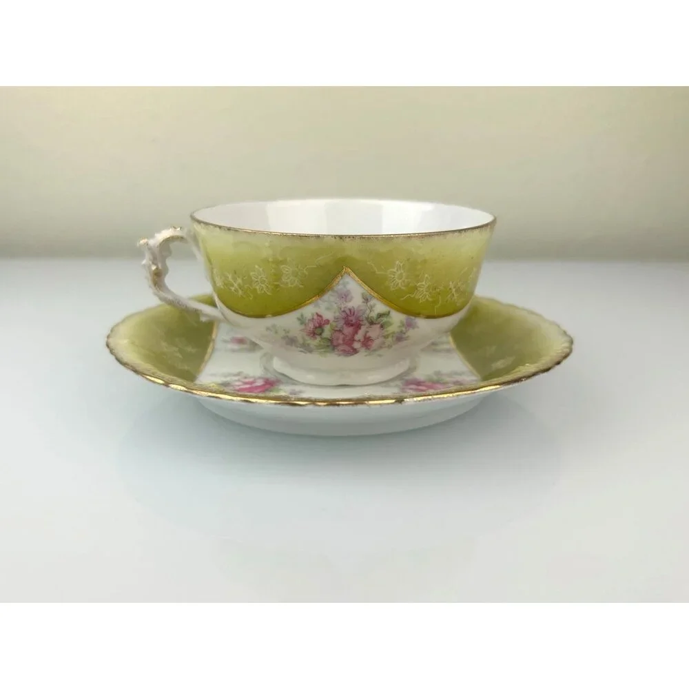 Excelsior Austria Porcelain Teacup & Saucer Green Pink Floral Victorian
